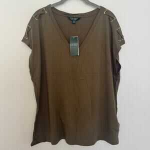 Lauren Ralph Lauren Braided Sleeve Top in Olive